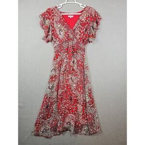Le Ragazze Italy Silk Blend Red Floral SS V Neck Lined Maxi Dress Women's Large